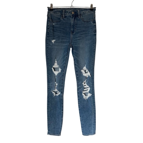 American Eagle Women’s Jeans Size 0 Super Hi Rise Jegging Distressed Blue - Picture 1 of 7